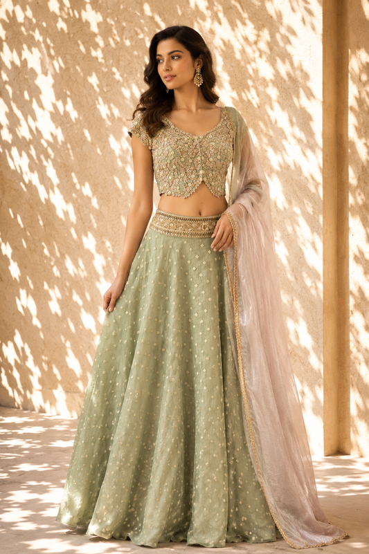 Mint Sage Heavily Embroidered Lehenga & Scalloped Blouse Set