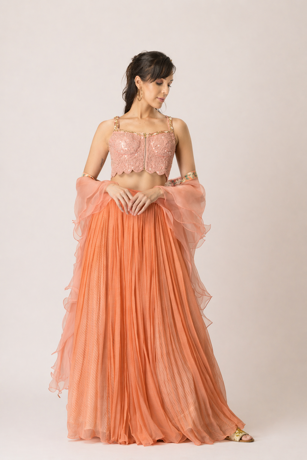 Coral Blossom Corset & Ruffled Lehenga Set