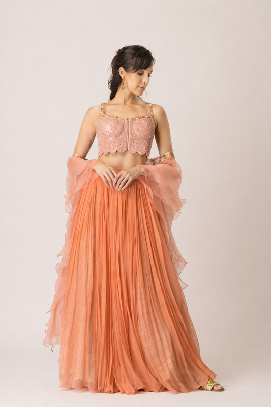 Coral Blossom Corset & Ruffled Lehenga Set