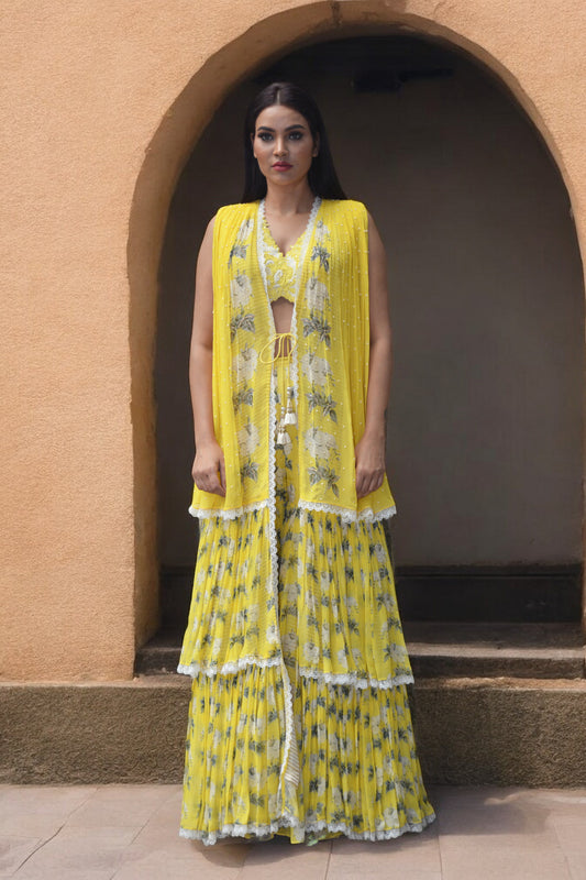 Persion Dori work blouse with printed garara pants and printed cape
