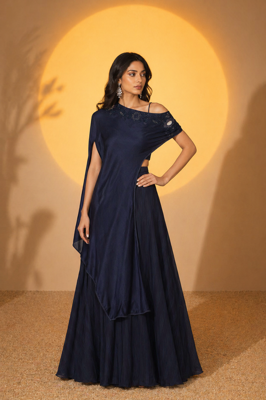 Dark Blue Silk Satin Embroidered Off-Shoulder Cape Set