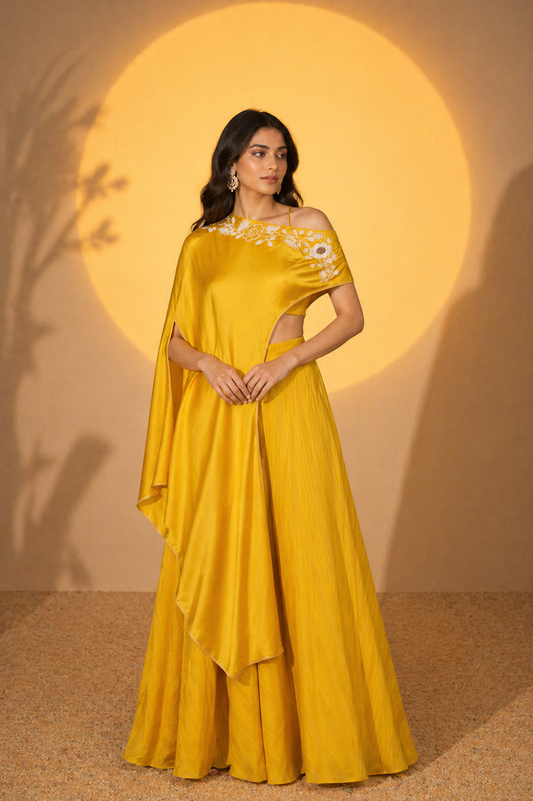 Yellow Silk Satin Embroidered Off-Shoulder Cape Set