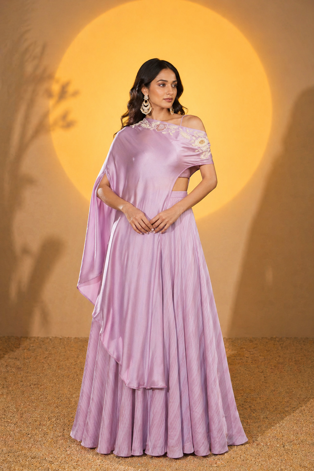 Lilac Silk Satin Embroidered Off-Shoulder Cape Set