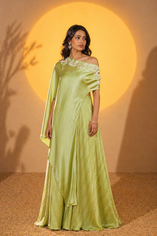 Jade Satin Off-Shoulder Cape Set
