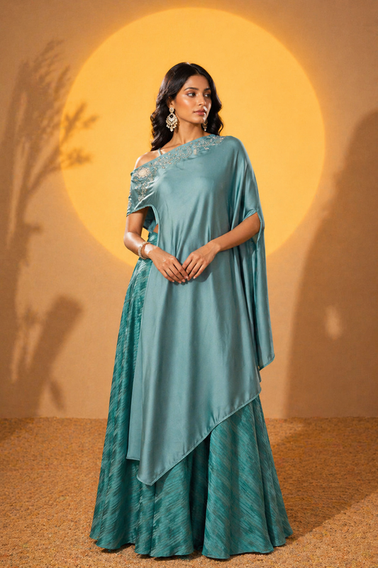 Teal Green Satin Off-Shoulder Cape Set