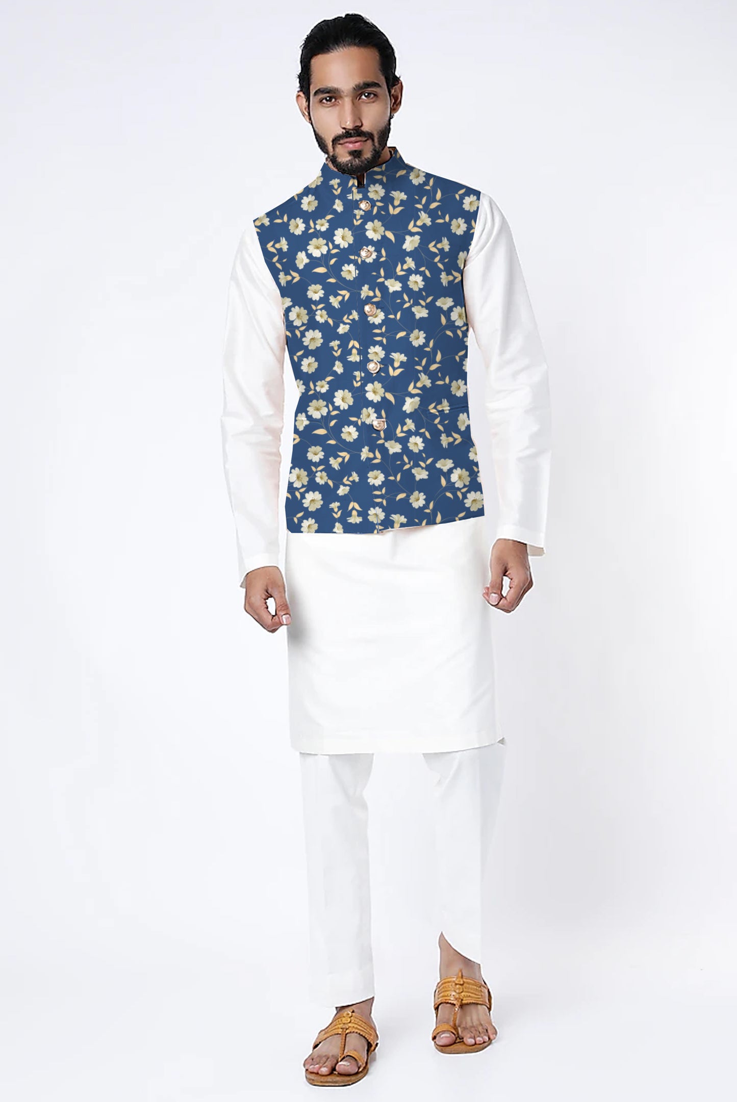 Printed Raw Silk Nehru Jacket
