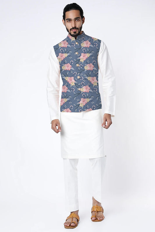 Printed Raw Silk Nehru Jacket
