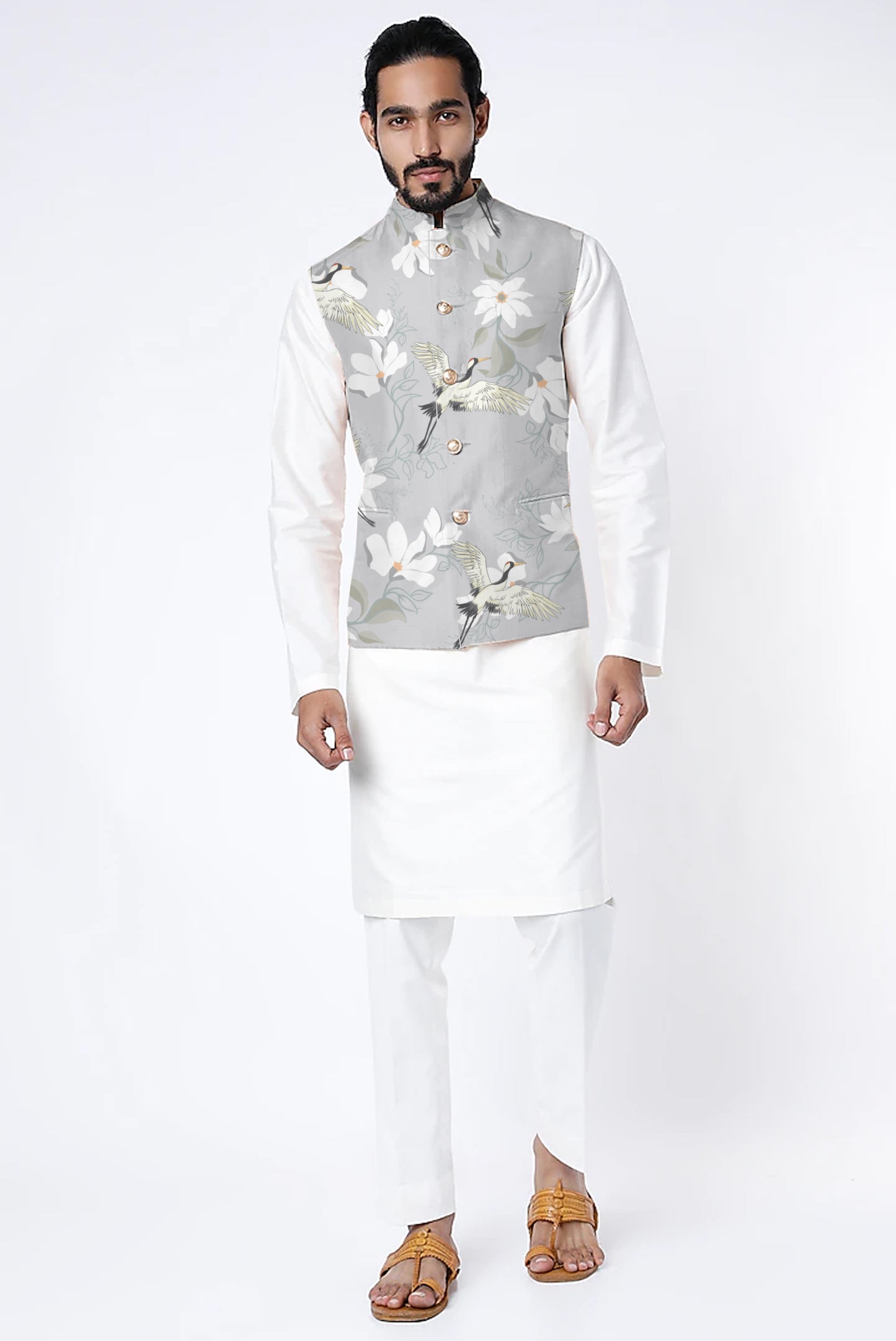 Printed Raw Silk Nehru Jacket
