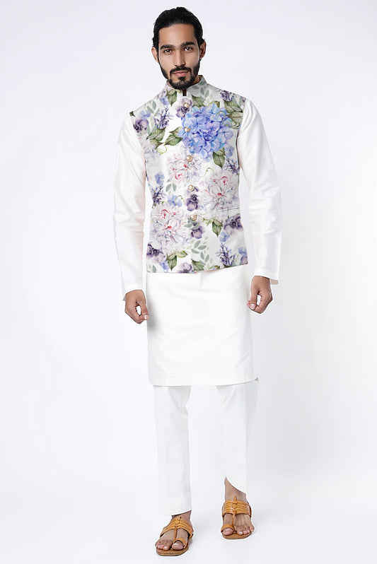 Printed Raw Silk Nehru Jacket