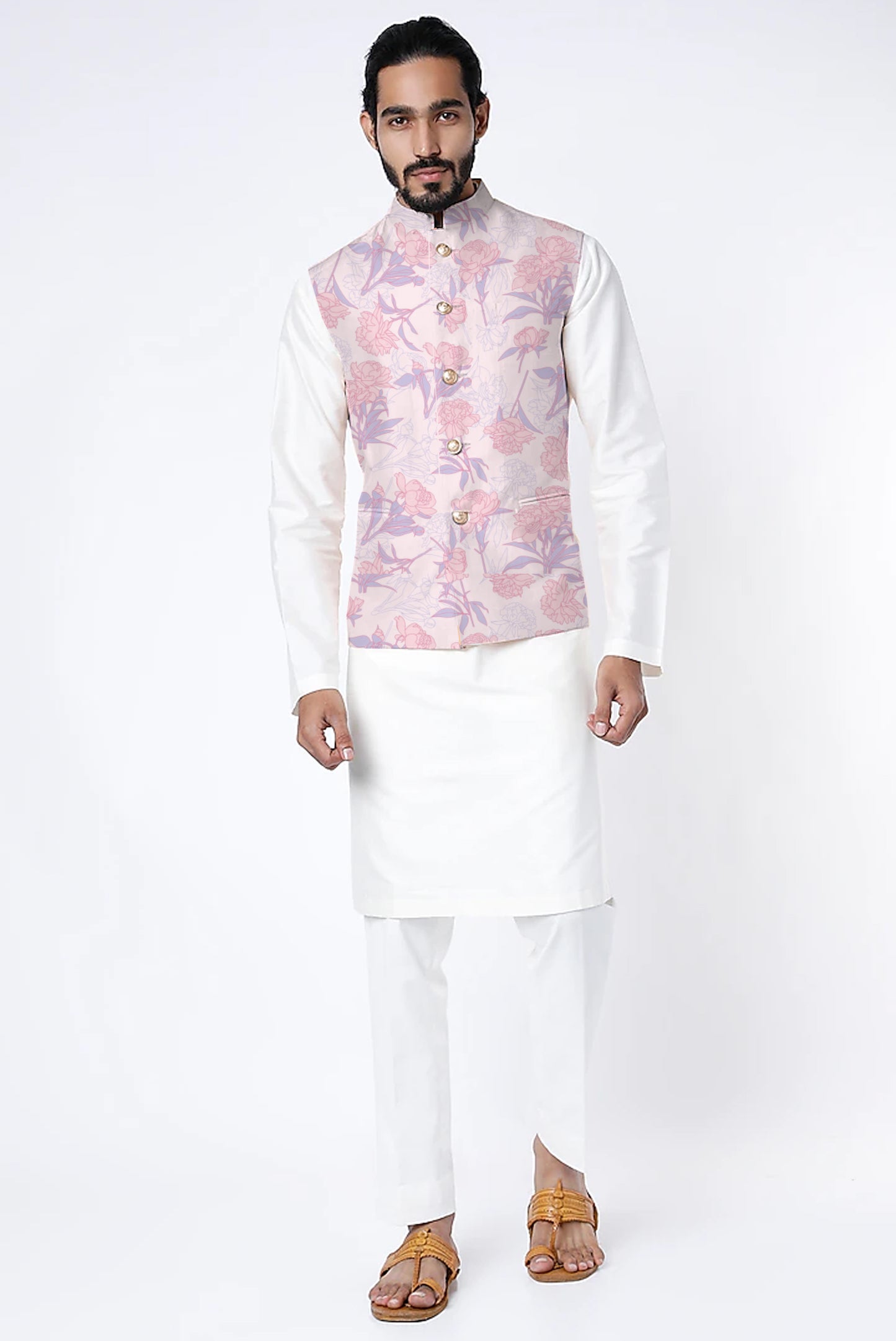 Printed Raw Silk Nehru Jacket