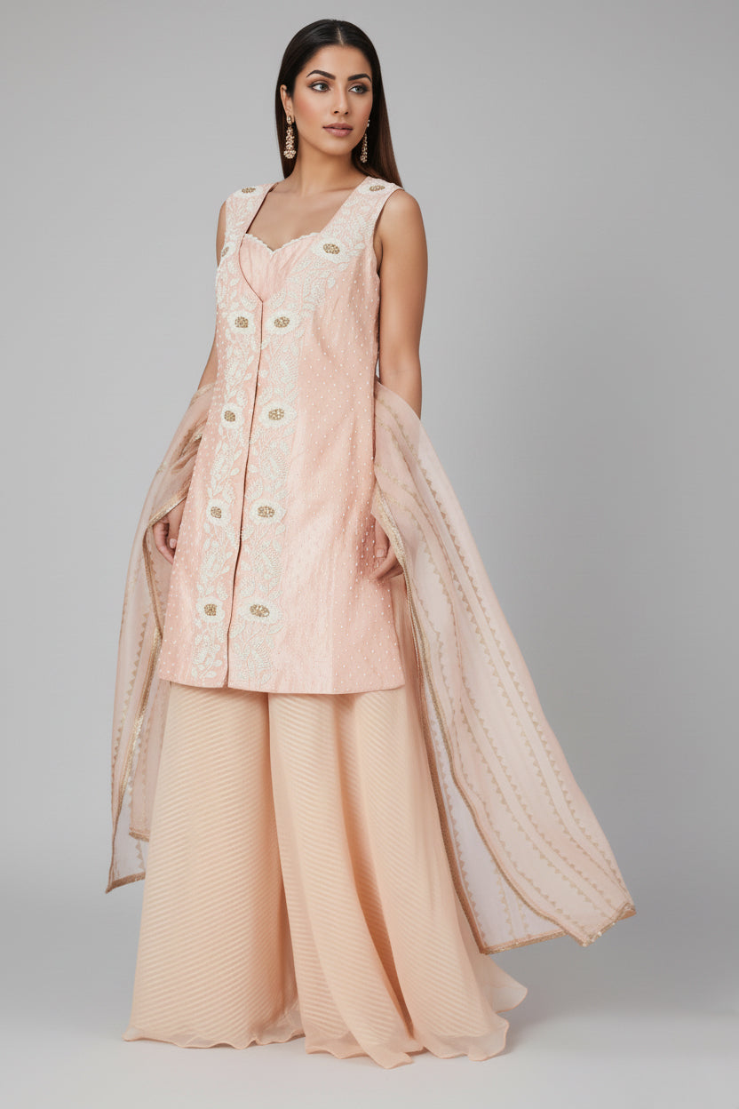 Peach Raw Silk Jacket Set
