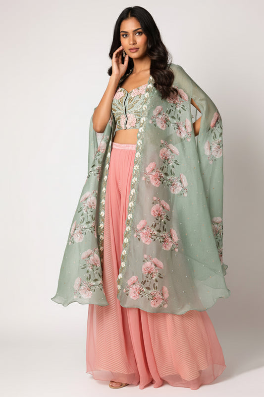 Green & Pink Embroidered Palazzo Pant Set