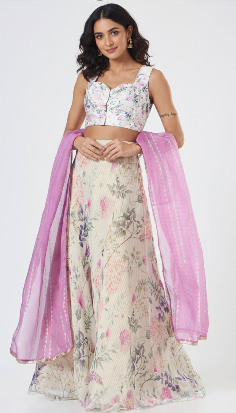White Chiffon Printed Lehenga Set