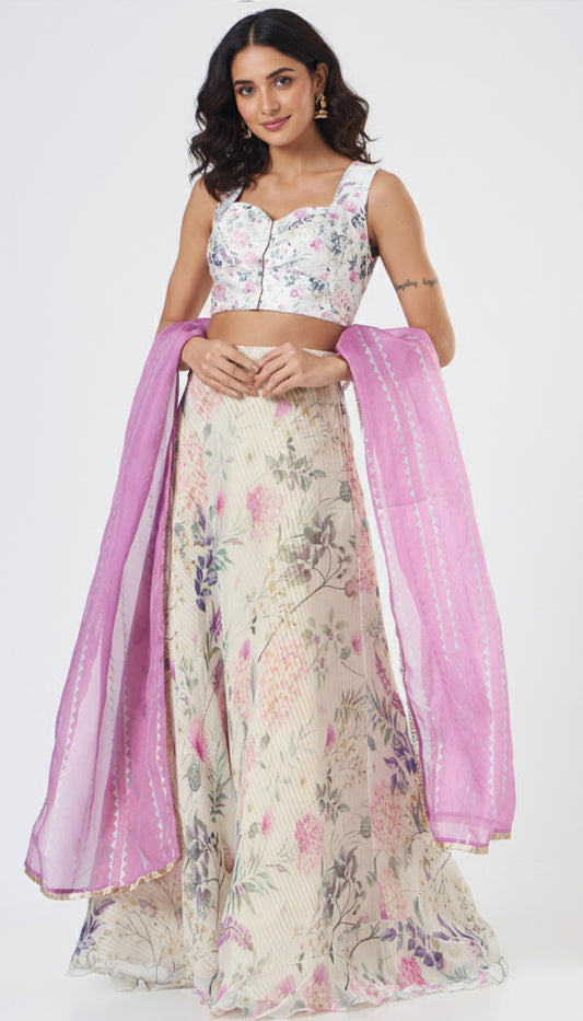 White Chiffon Printed Lehenga Set