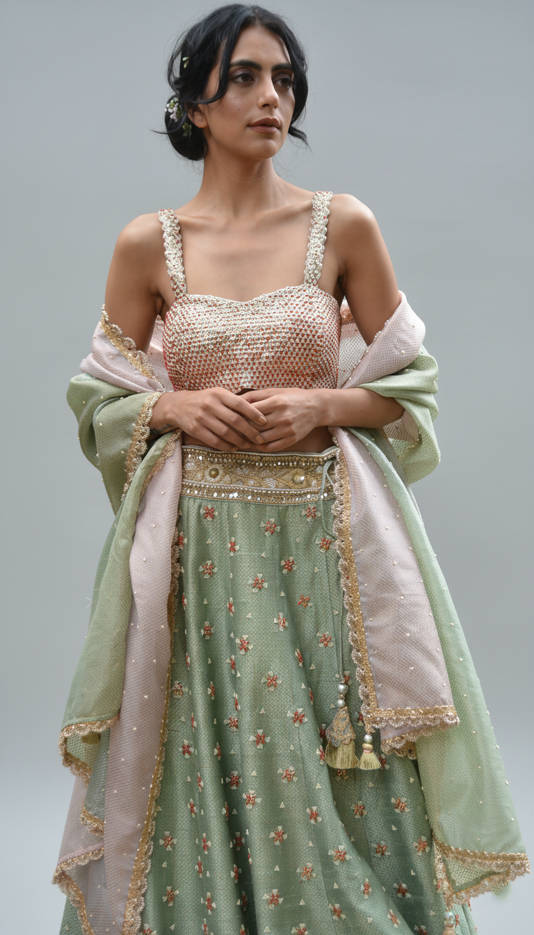 Sage Blush Mirror Embroidered Lehenga Set