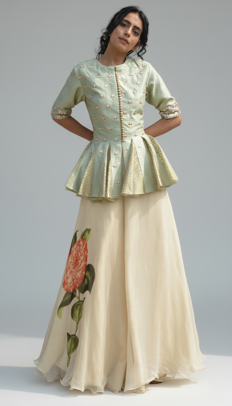 Sage Bloom Peplum & Floral Palazzo Set