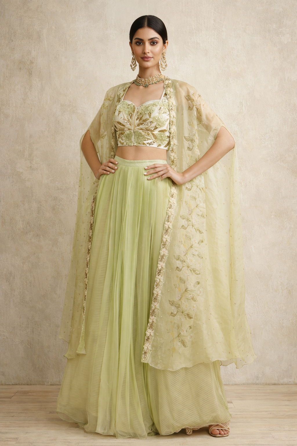 Jade Organza Digital Printed Jacket Lehenga Set Yashodhara