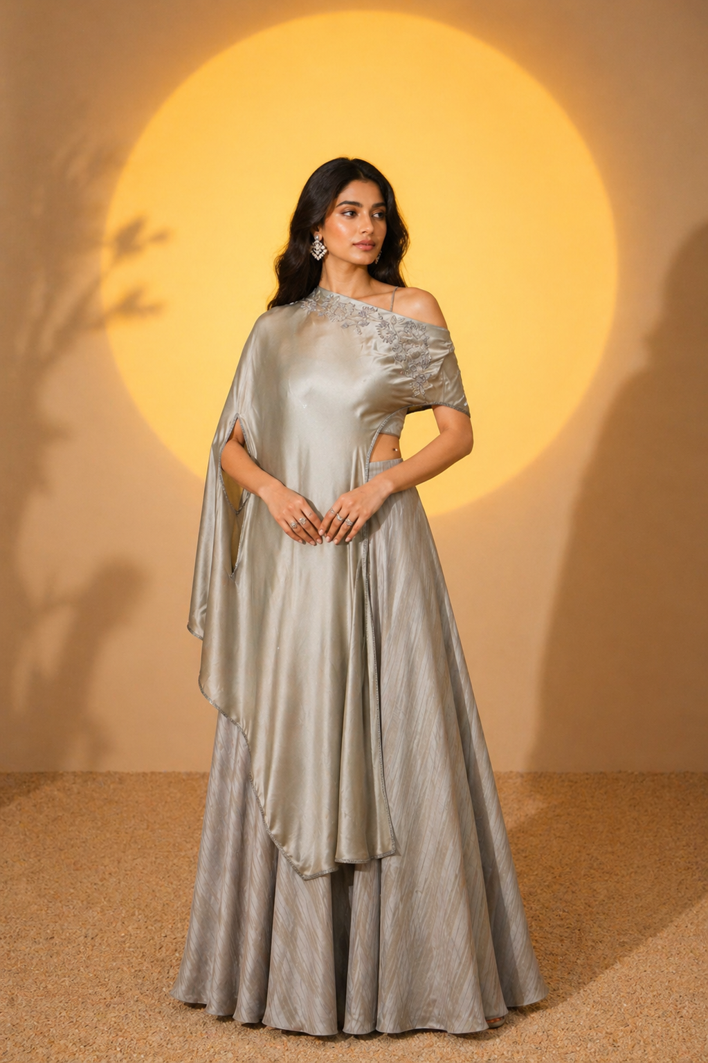 Grey Silk Satin Embroidered Off-Shoulder Cape Set