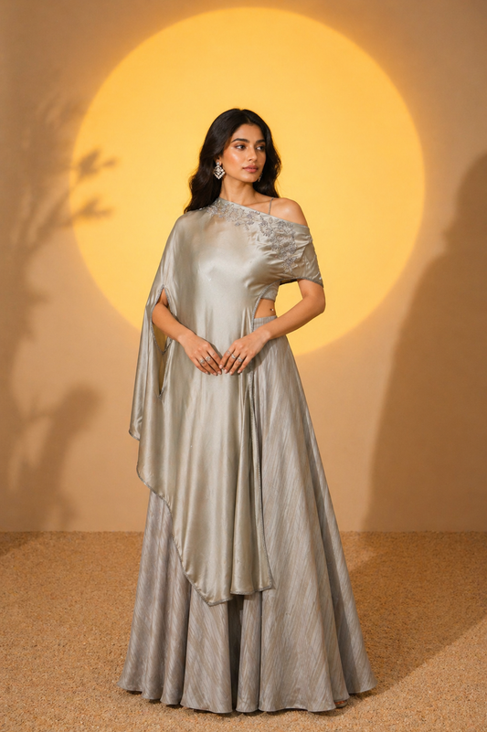 Grey Silk Satin Embroidered Off-Shoulder Cape Set