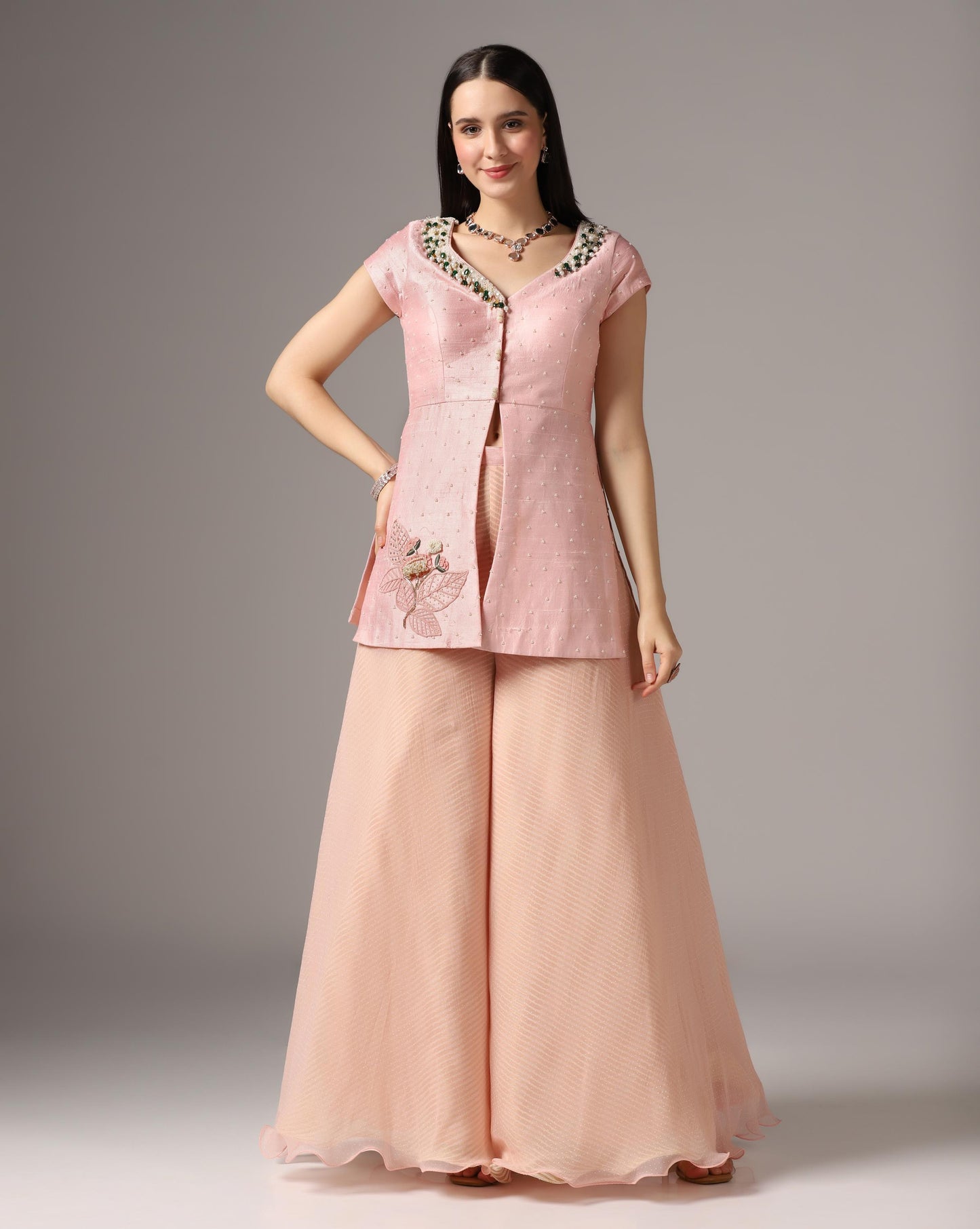 Pink Raw Silk & Chiffon Stone Embroidered Jacket Set