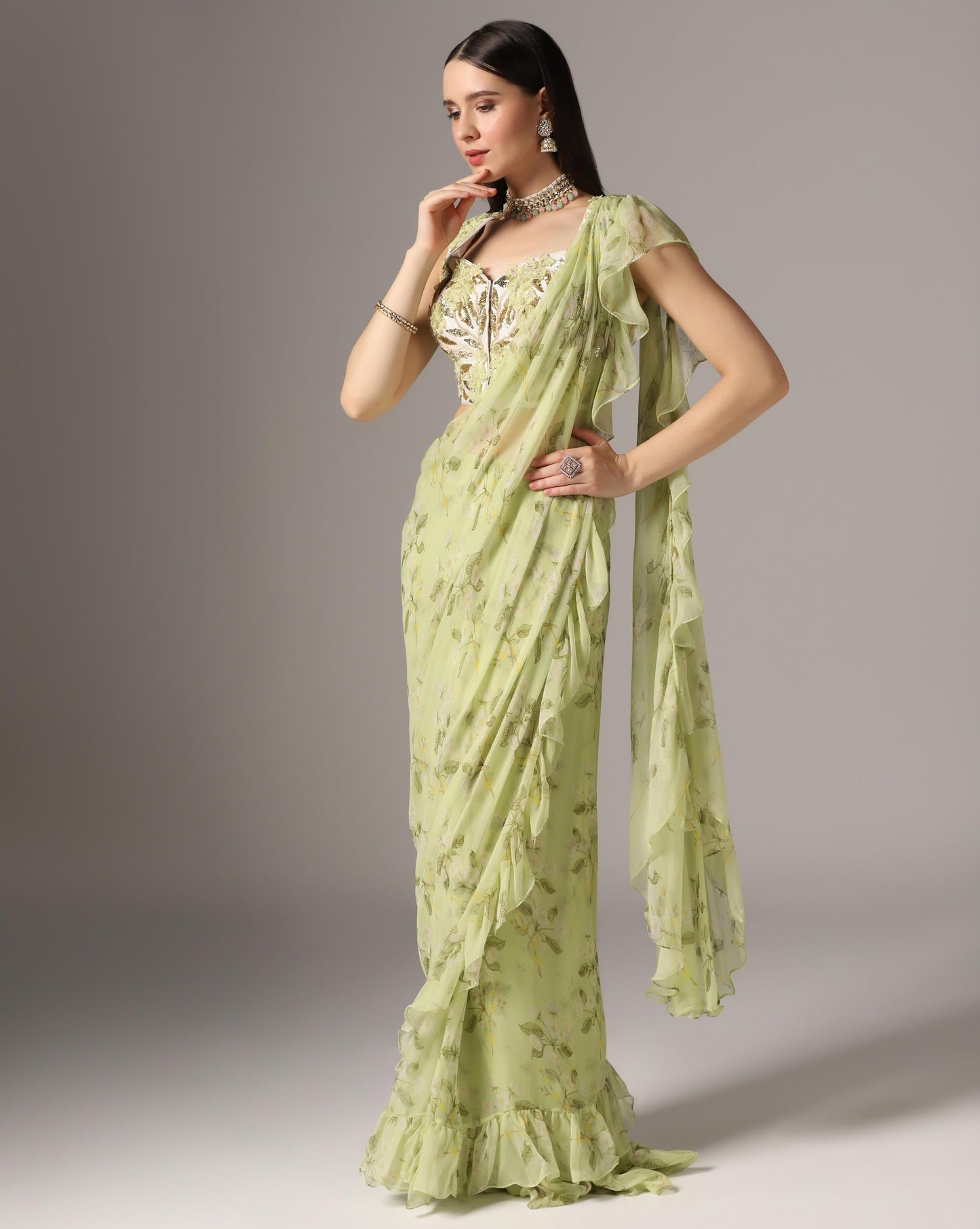Green Chiffon Printed Pre-Stitched Frilled Saree Set
