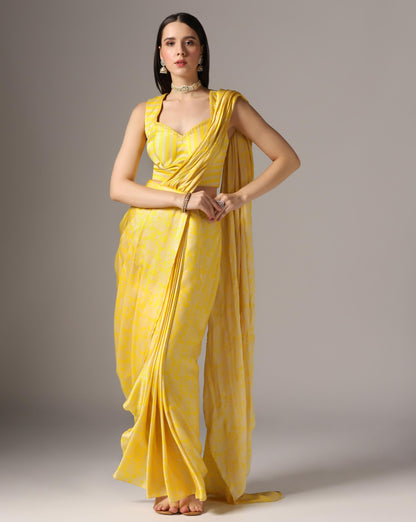 Yellow Chamoise Satin Printed Pre-Stitched Saree Set