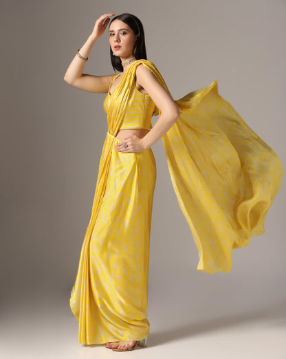 Yellow Chamoise Satin Printed Pre-Stitched Saree Set