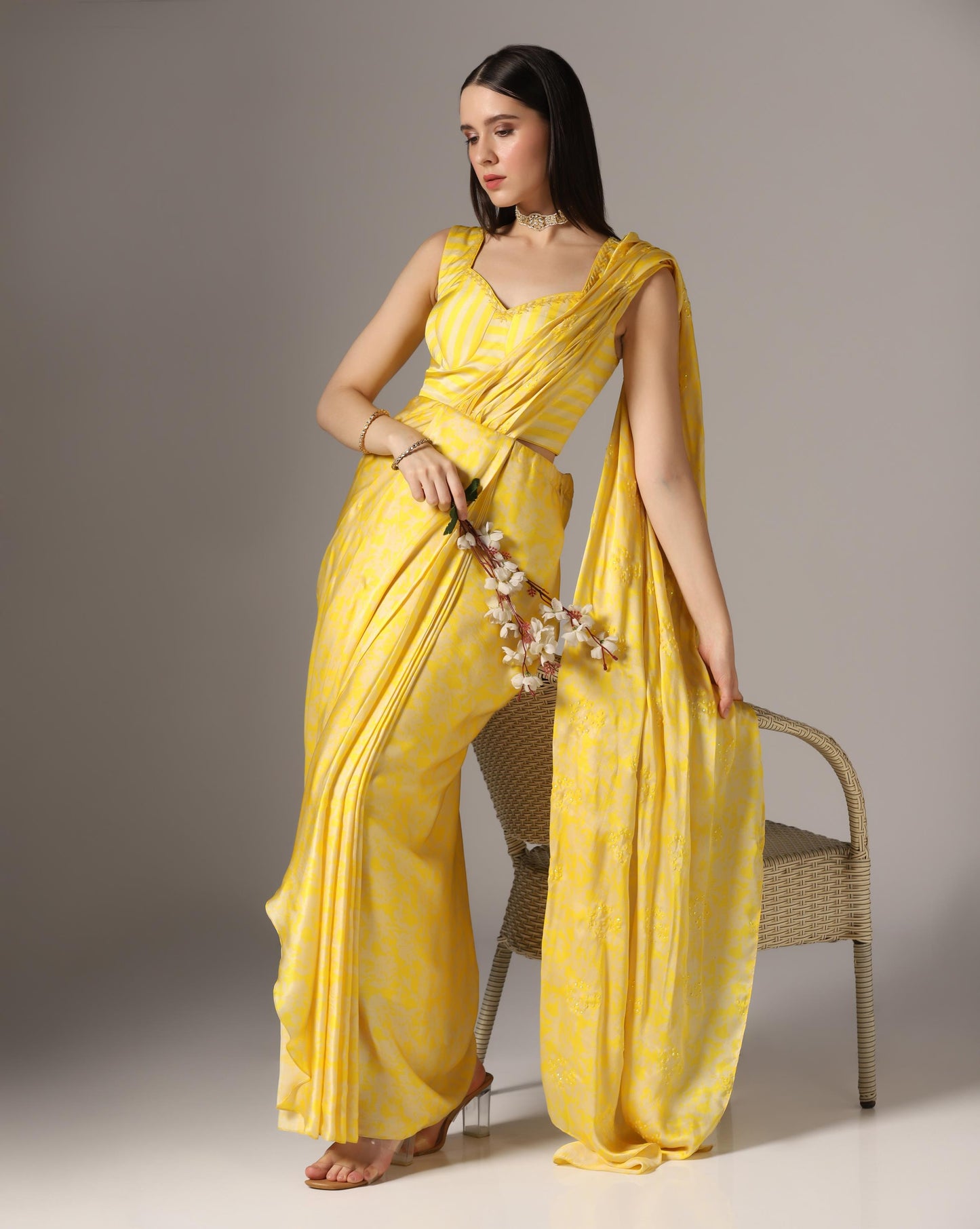 Yellow Chamoise Satin Printed Pre-Stitched Saree Set