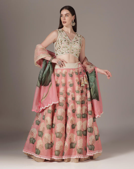 Pink Organza Printed Lehenga Set