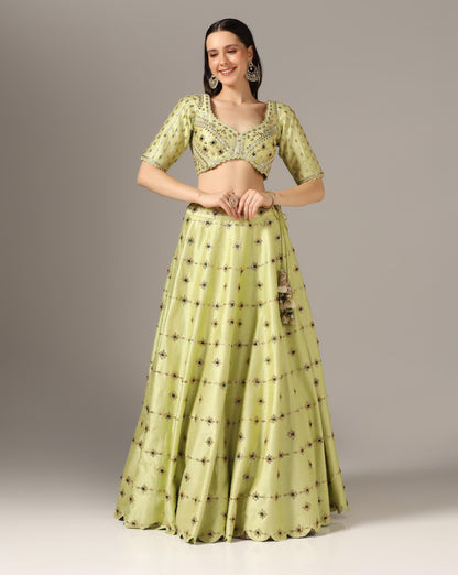 Jade Green & Golden Raw Silk Embroidered Lehenga Set