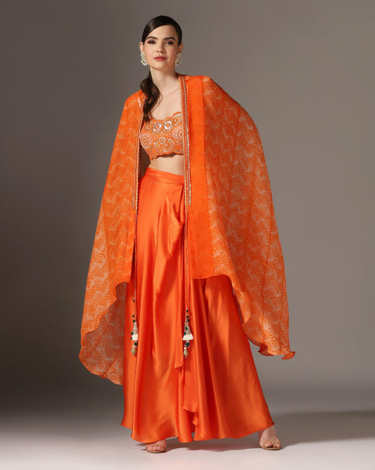 Orange Raw Silk & Organza Draped Skirt Set