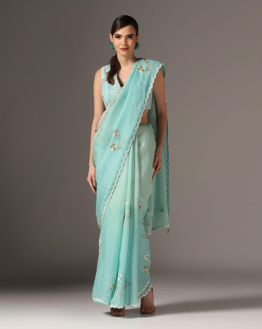 Aqua Blue Organza Shaded Saree Set