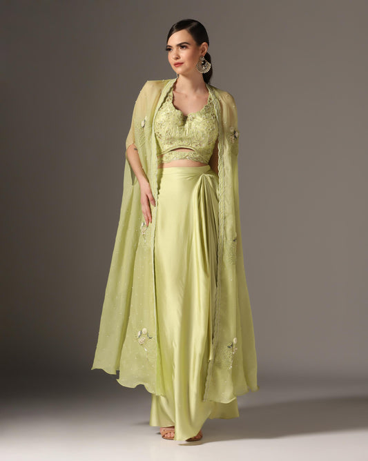 Jade Green Raw Silk & Organza Draped Skirt Set