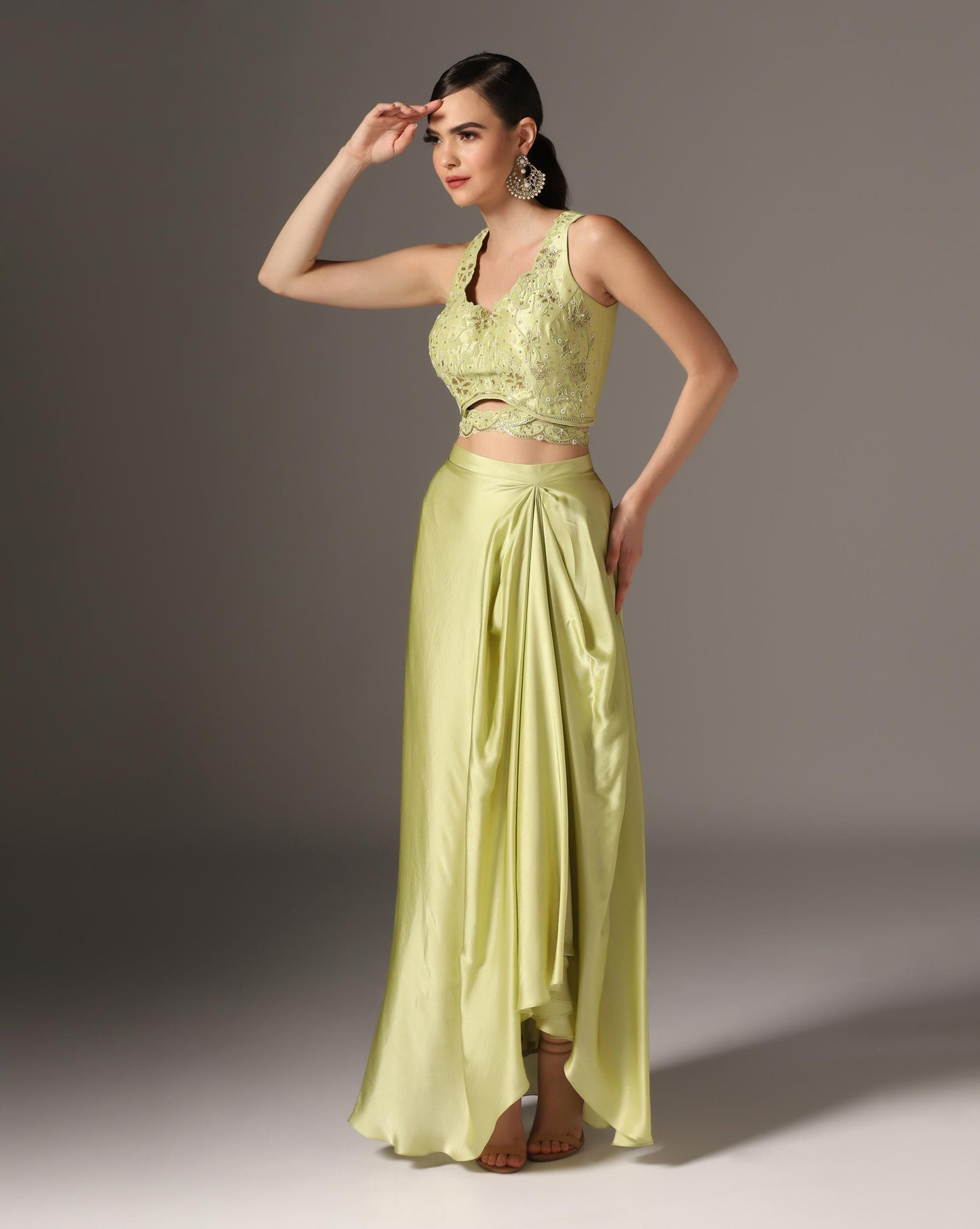 Jade Green Raw Silk & Organza Draped Skirt Set
