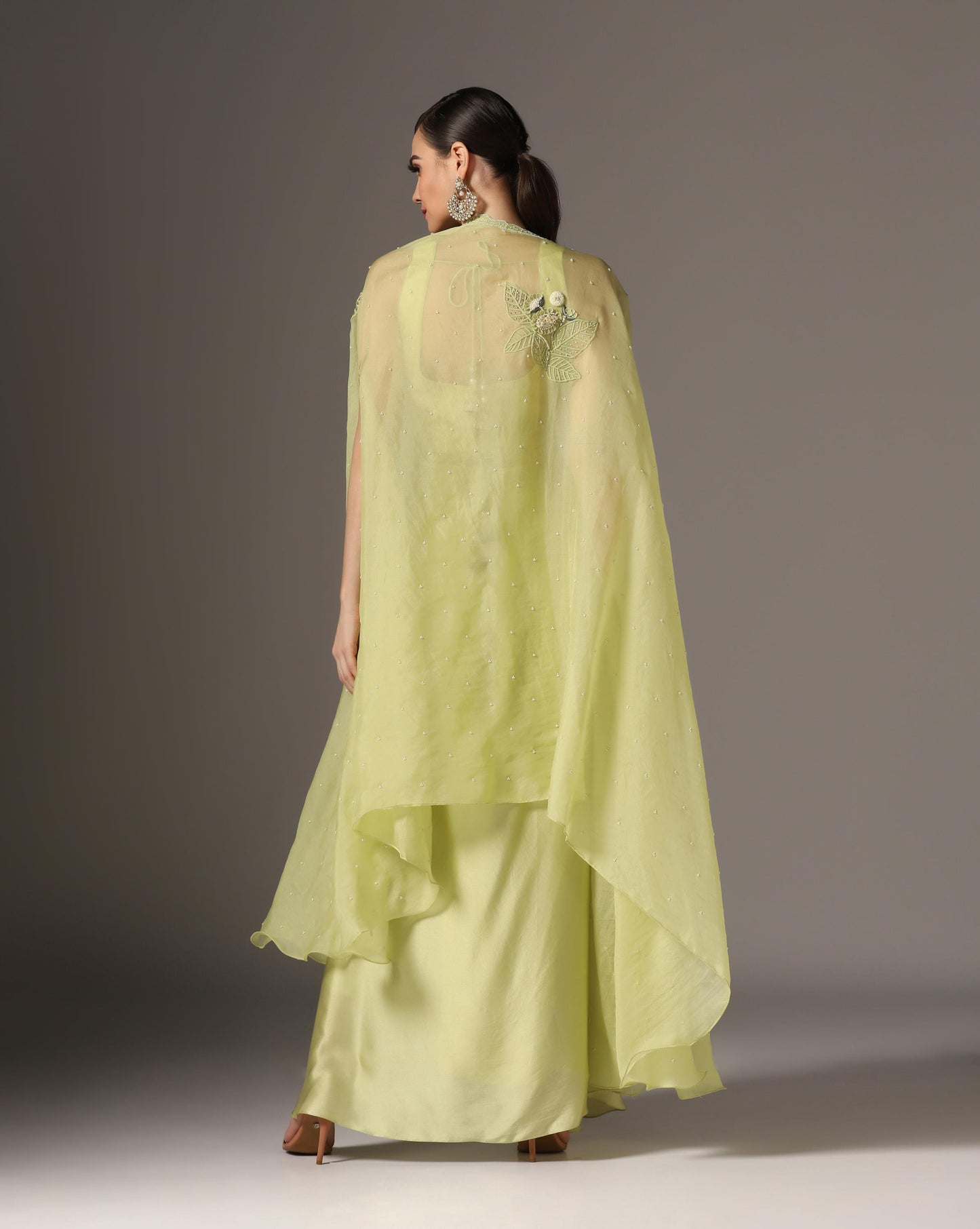 Jade Green Raw Silk & Organza Draped Skirt Set