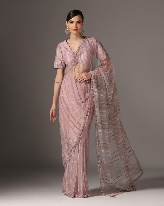 Lilac Net Embroidered Saree Set