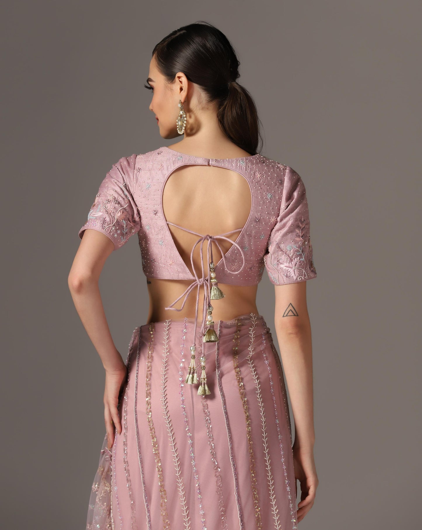 Lilac Net Embroidered Saree Set