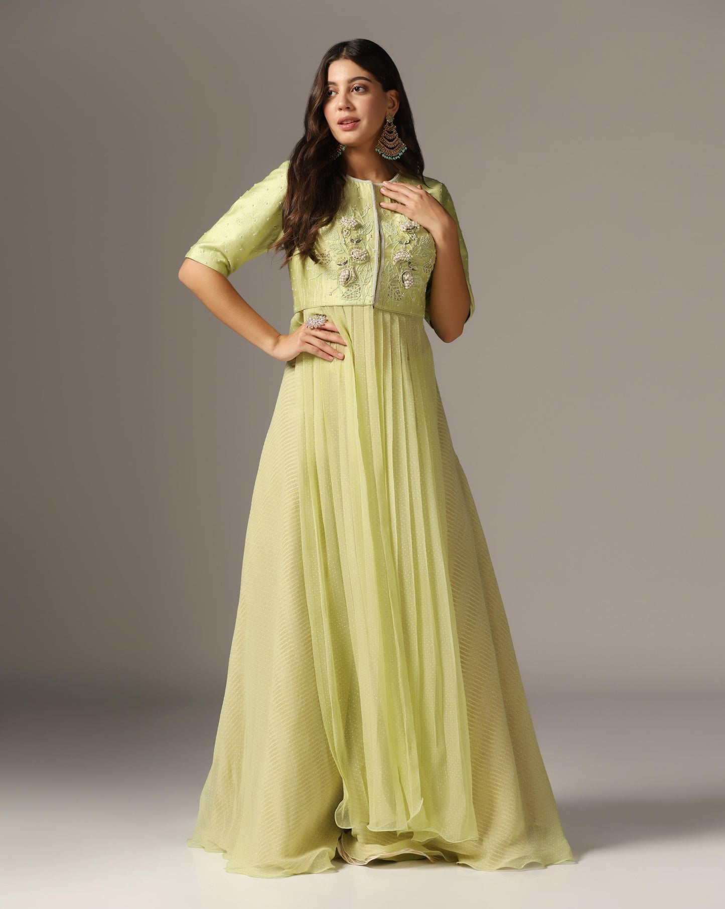Jade Green Raw Silk & Chiffon Embroidered Anarkali Set