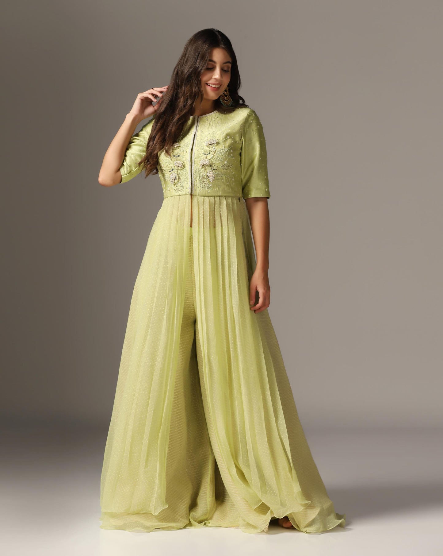 Jade Green Raw Silk & Chiffon Embroidered Anarkali Set