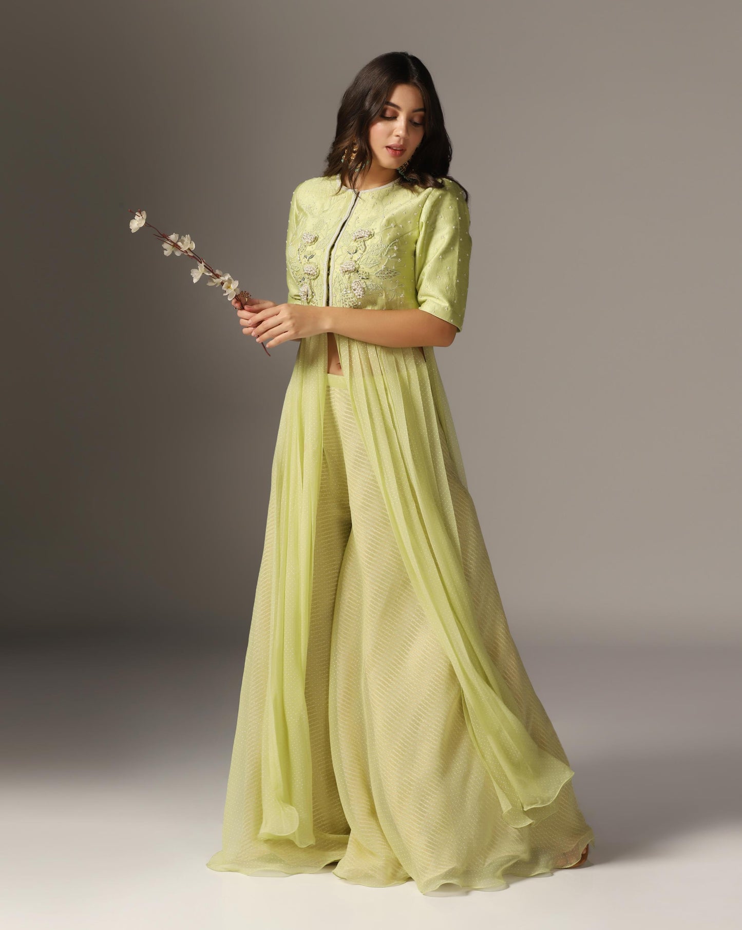 Jade Green Raw Silk & Chiffon Embroidered Anarkali Set