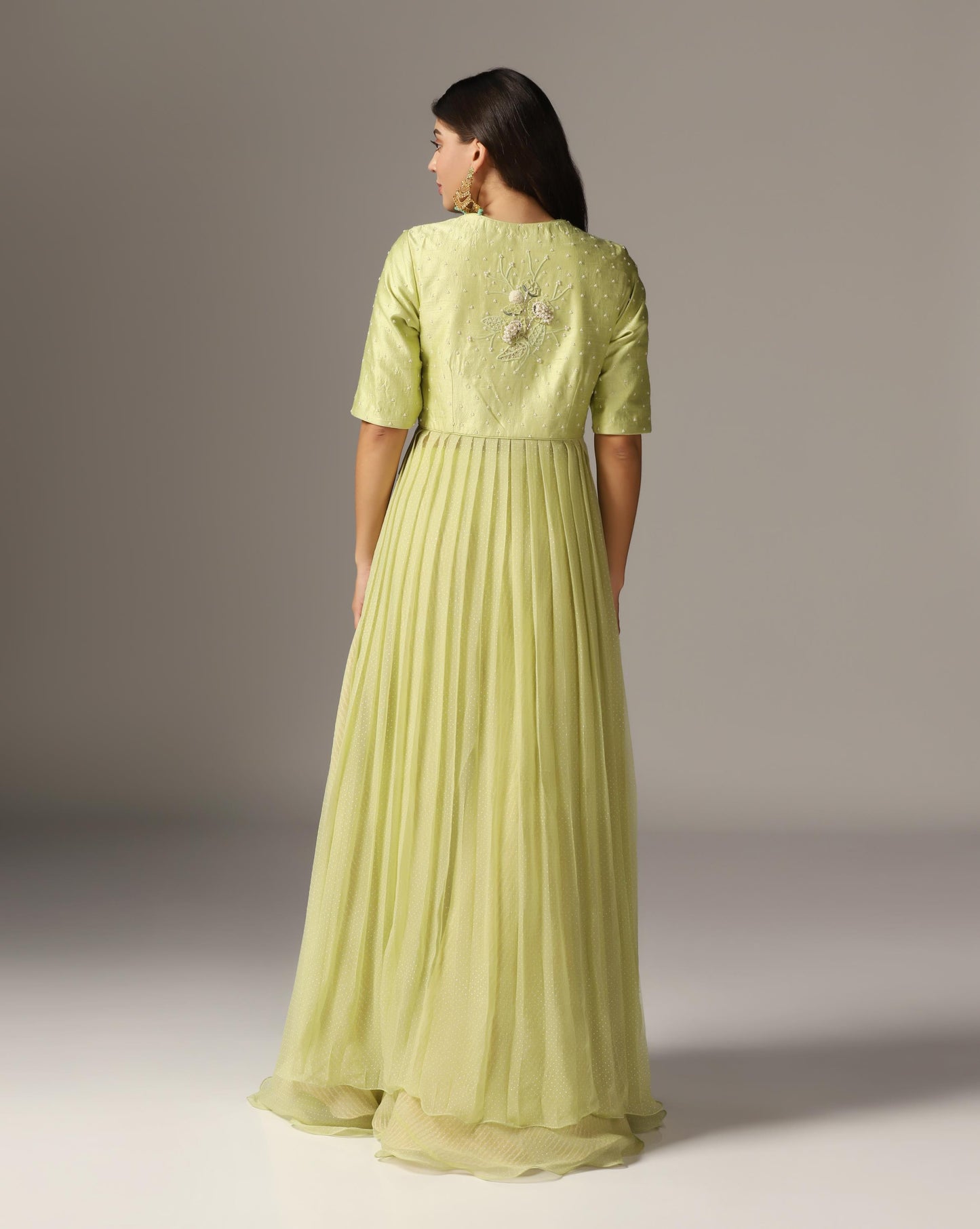 Jade Green Raw Silk & Chiffon Embroidered Anarkali Set
