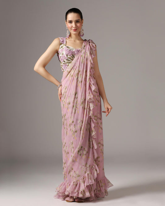 Lilac Chiffon Printed Pre-Stitched Frilled Saree Set