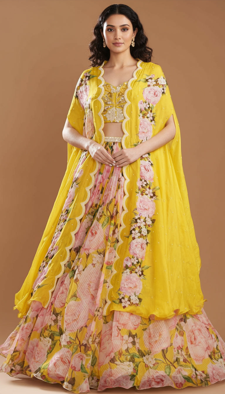 Yellow Chiffon Printed Jacket Lehenga Set