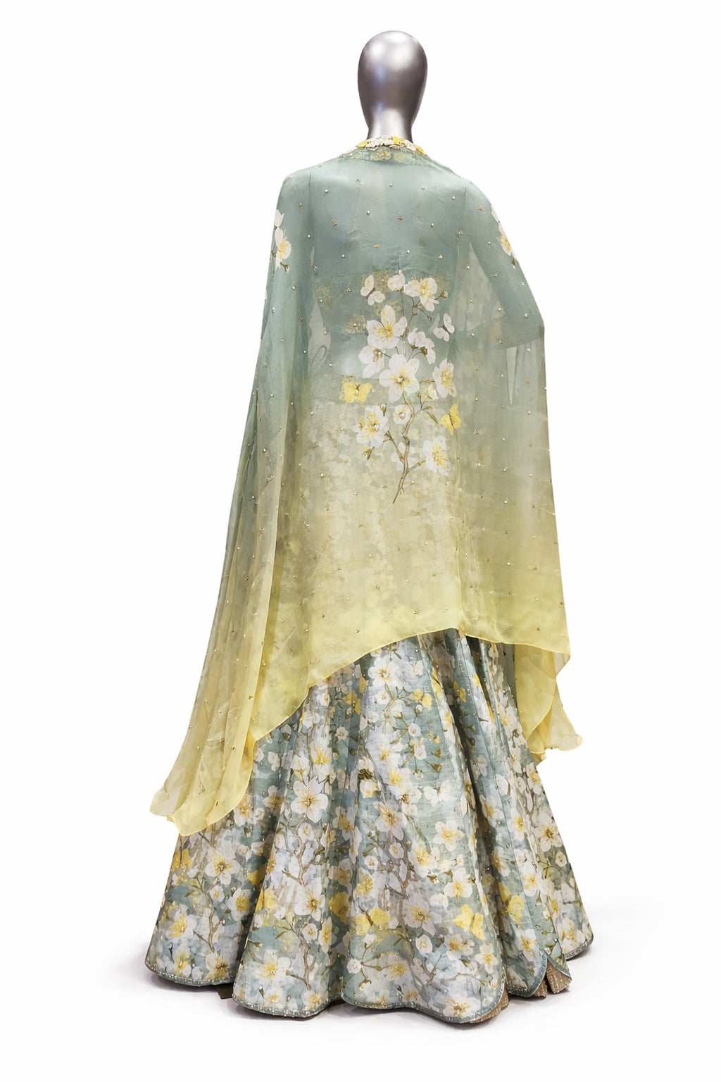 Pastel Seafoam Floral Lehenga Set with Embroidered Halter Blouse Yashodhara