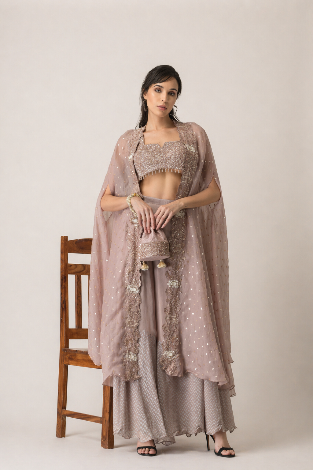 Mauve Shimmer Cape & Chevron Sharara Set