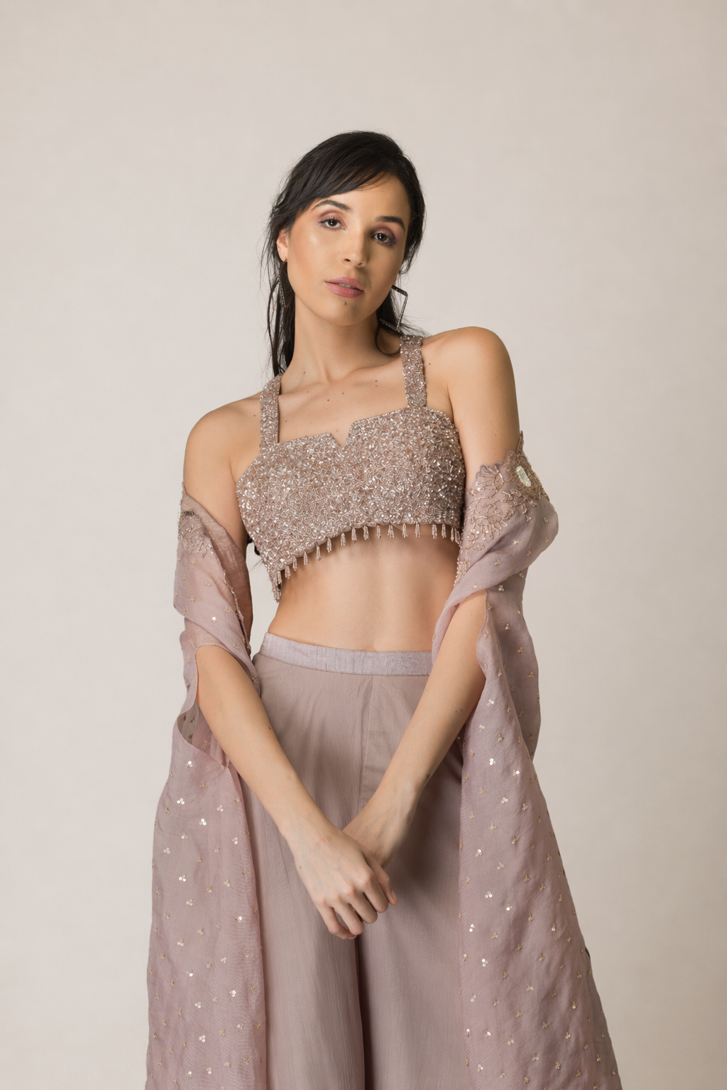 Mauve Shimmer Cape & Chevron Sharara Set