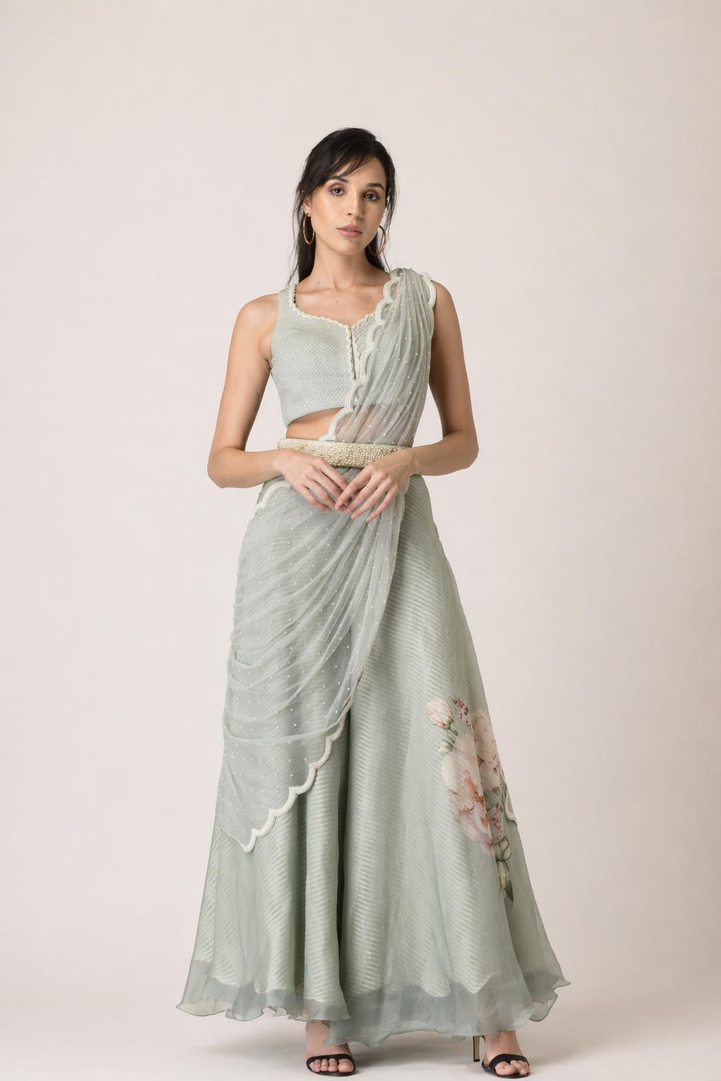 Mint Frost Pre-Draped Saree Pant Set
