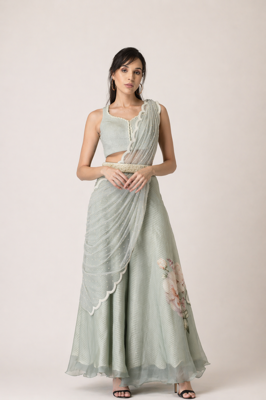 Mint Frost Pre-Draped Saree Pant Set