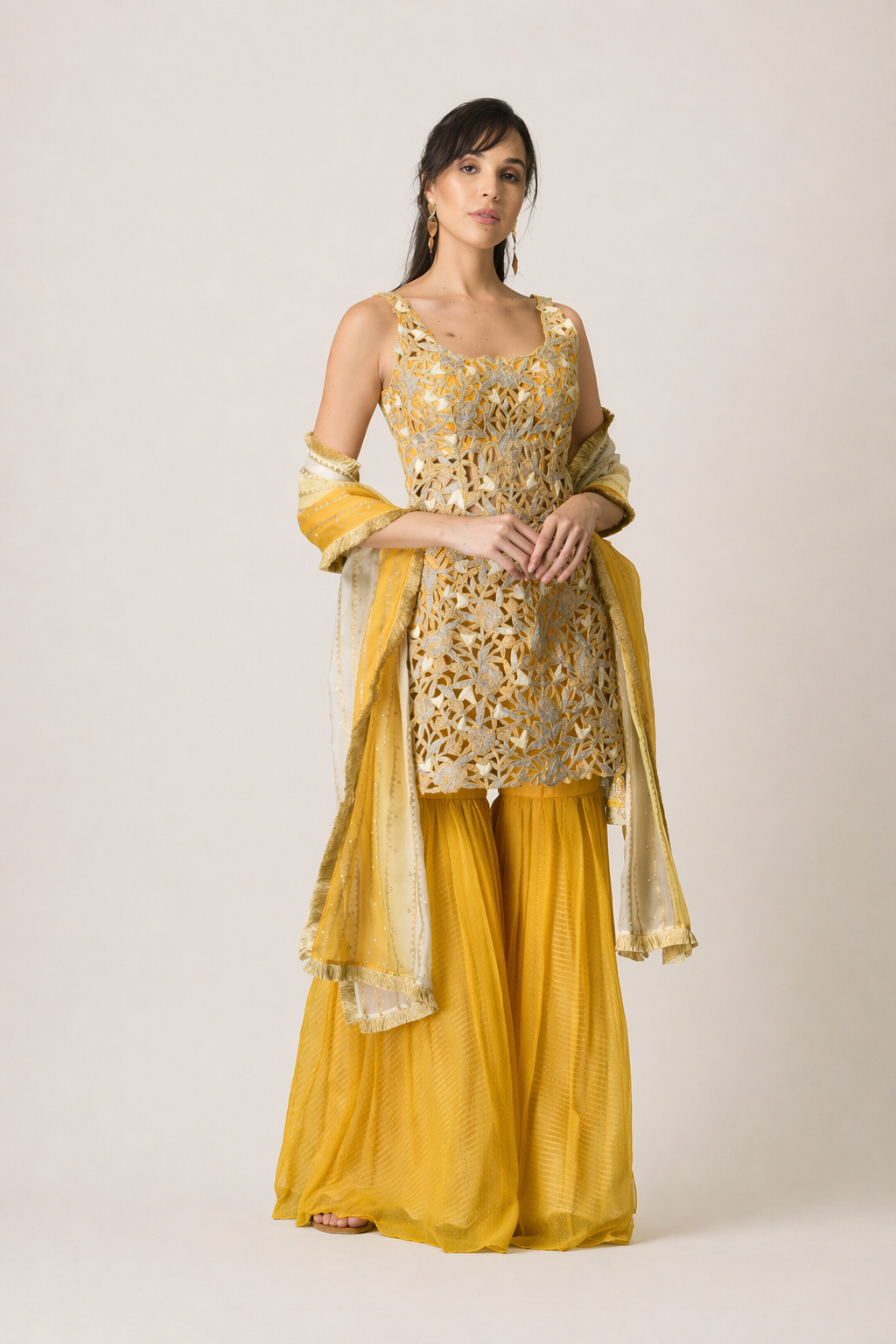 Mustard Gold Cutwork Sharara Set