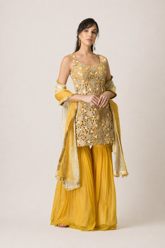 Mustard Gold Cutwork Sharara Set